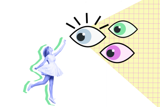 Composite photo collage of happy blonde girl ballerina dance imitation touch huge eyeball vision stalker isolated on painted background