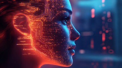 Young Asian woman with circuit board design on face in futuristic setting