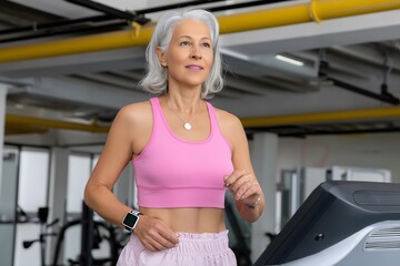 Mature Woman Exercising on Treadmill in Gym