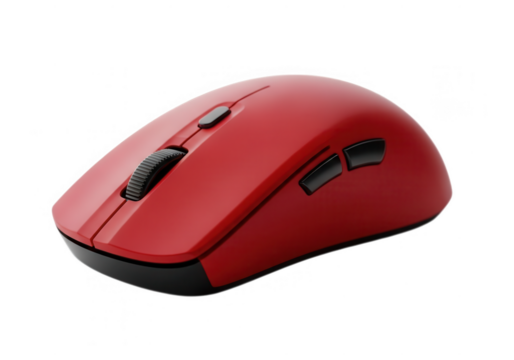 A red wireless computer mouse with black accents, isolated on a transparent background - Powered by Adobe
