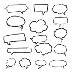 Collection of hand drawn speech bubbles and thought clouds in various shapes and styles