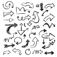 Collection of hand drawn doodle arrows in black ink on a white background
