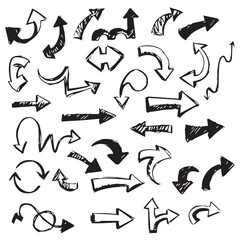 Collection of hand drawn doodle arrows in various styles and directions on white background