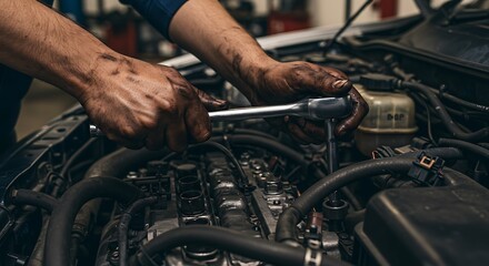 Naklejka premium Auto Mechanic Working on Engine, Hands Covered in Grease