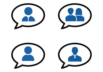 speech bubbles with blue user icons representing communication. social network icons