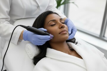 A young woman receives a professional microneedling facial treatment from a beautician. A concept for cosmetic procedures, dermatology, and skin rejuvenation.