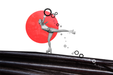 Composite photo collage of happy excited nice girl ride rollers skate hobby motion wear sexy shorts gearwheel isolated on painted background