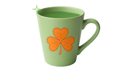 Isolated mug of green liquid, shamrock, for St Patricks Day, Irish holiday. Luck bringer gift