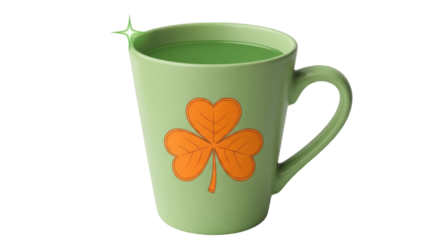 Isolated mug of green liquid, shamrock, for St Patricks Day, Irish holiday. Luck bringer gift