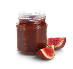 Jar of tasty fig jam isolated on white background, closeup