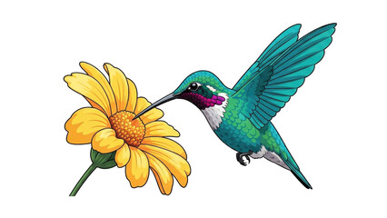Obraz premium A vibrant illustration of a hummingbird with iridescent blue and green feathers, feeding from a yellow flower.