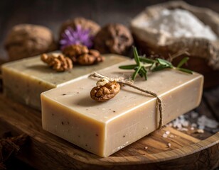 Two handmade soap bars, light beige color, tied with twine, featuring walnuts and rosemary, on a wooden platter, with other natural ingredients like sea salt and nuts in the background