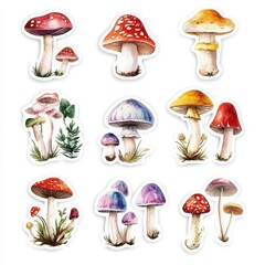 Collection of Watercolor Mushroom Illustrations with Red Yellow Purple Colors on White Background