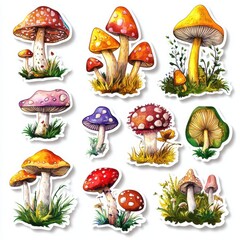 Collection of Watercolor Mushrooms with Varied Caps and Stems on White Background