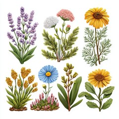 Colorful Assortment of Pixel Art Style Flowers on White Background
