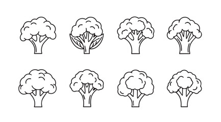 Set of eight detailed broccoli florets hand drawn sketch style organic vegetable collection vector