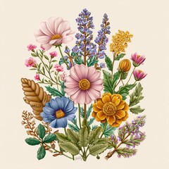 Colorful Floral Arrangement with Pink Blue Yellow and Green Accents on Beige Background