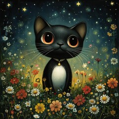 Cute Black Kitten with Big Eyes in a Field of Flowers Under Starry Night Sky