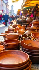 Outdoor market stall overflowing with terracotta pottery