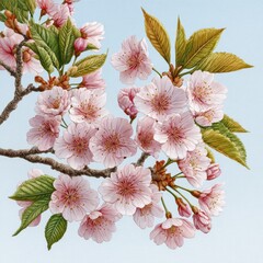 Detailed Blossom Branch with Pink Flowers and Green Leaves on Light Blue
