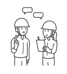確認する、コミュニケーションを取る土木技師の男性と女性のイラスト　線画のみ