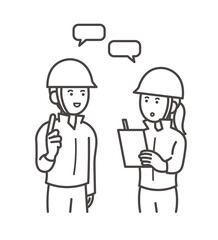 確認する、コミュニケーションを取る土木技師の男性と女性のイラスト　線画のみ