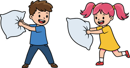 Happy children having a pillow fight indoors, playful kids enjoying fun sleepover activity, childhood friends playing game illustration.