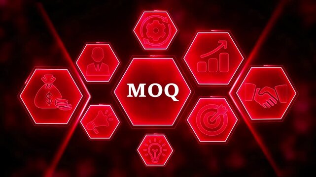 Minimum Order Quantity MOQ Hexagonal Icons with Red Neon Glow on Dark Background business commerce