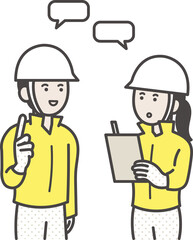確認する、コミュニケーションを取る土木技師の男性と女性のイラスト