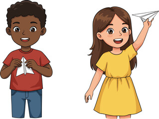 A boy is folding a paper airplane while a happy girl prepares to launch hers, showcasing childhood creativity, fun, and the simple joy of making and flying toys.