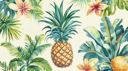 Vibrant tropical illustration with pineapple and flowers