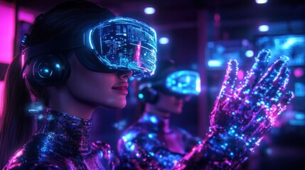 Young Asian woman exploring virtual reality indoors at night