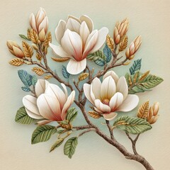 Elegant Cream Magnolia Blossom Arrangement with Brown Branches on Textured Background