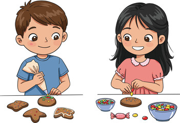 Two diverse children, a boy and a girl, are decorating freshly baked cookies with colorful icing and sprinkles, engaging in a fun baking activity and creative hobby.