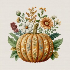 Elegant Autumnal Pumpkin Arrangement with Floral Accents on Textured Wood Background