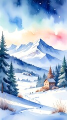 Watercolor scenic view of a snowy mountain and forest