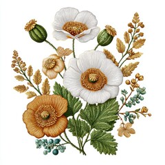 Elegant Floral Arrangement Featuring White and Amber Flowers with Green Foliage on White Background