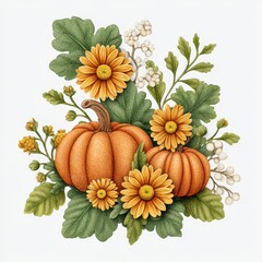 Festive Autumn Arrangement with Orange Pumpkins and Yellow Flowers on White Background