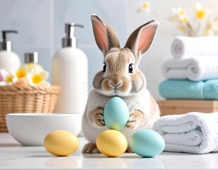 A fluffy bunny holds pastel-colored Easter eggs in a bathroom setting