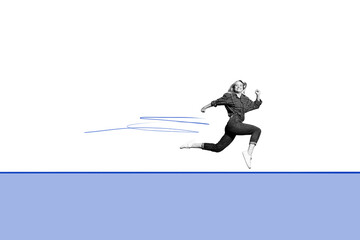 Fototapeta premium Composite photo collage of happy blonde girl run sale motivation speed race jogging discount isolated on painted background
