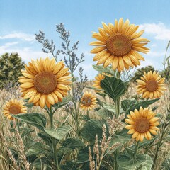 Field of Golden Sunflowers with Green Leaves Under a Blue Sky