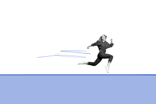 Composite photo collage of happy blonde girl run sale motivation speed race jogging discount isolated on painted background - Powered by Adobe