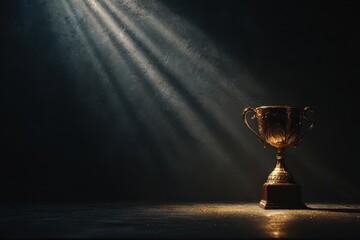 Gold trophy standing in the spotlight on a dark stage displaying achievement and success