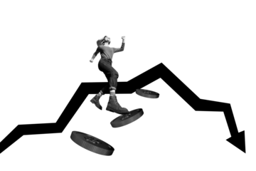 Composite photo collage of silly girl run arrow recession inflation coin bankrupt problem decline economy isolated on painted background