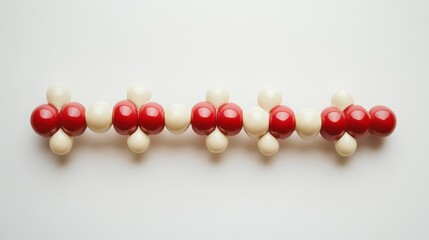 Molecular model with red and off-white spheres on white background