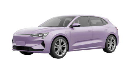 Isolated purple electric car with a hatchback design, studio shot with no reflections