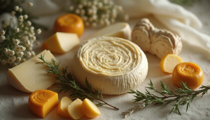 Assorted cheeses on rustic tabletop with natural light