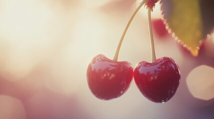 Fresh cherries hanging from branch in sunny orchard