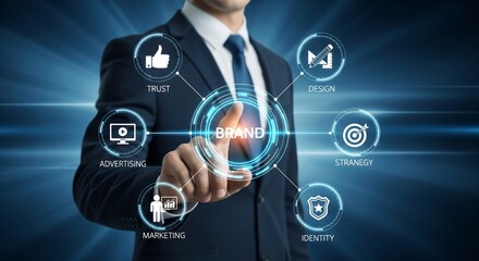 Obraz premium Futuristic Brand Strategy Concept with Glowing Icons and Businessman Touching Digital Interface