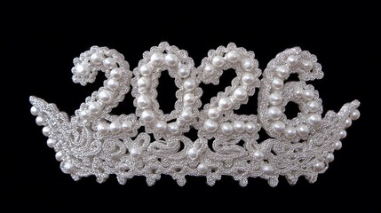 Happy New Year 2026 Pearl Tiara on Black Background